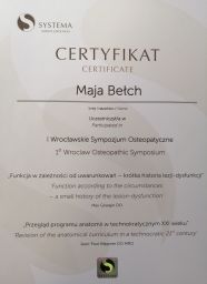 Certyfikat - I Wrocławskie Sympozjum Osteopatyczne